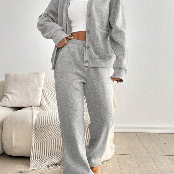 Grey Casual Women's Set Outfit V-Neck Buttoned Top With Pockets - Picture 5 of 6